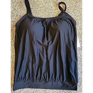 Lands' End Women's 14 Black Tankini Top Swim LG Solid Tummy Hiding Blouson S607